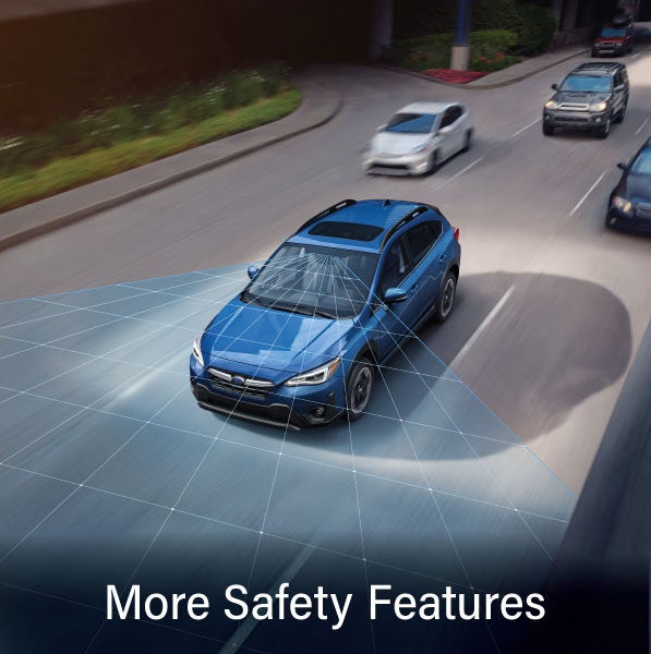 A Subaru Crosstrek in blue with the words “More Safety Features“. | LaFontaine Subaru in Commerce Township MI